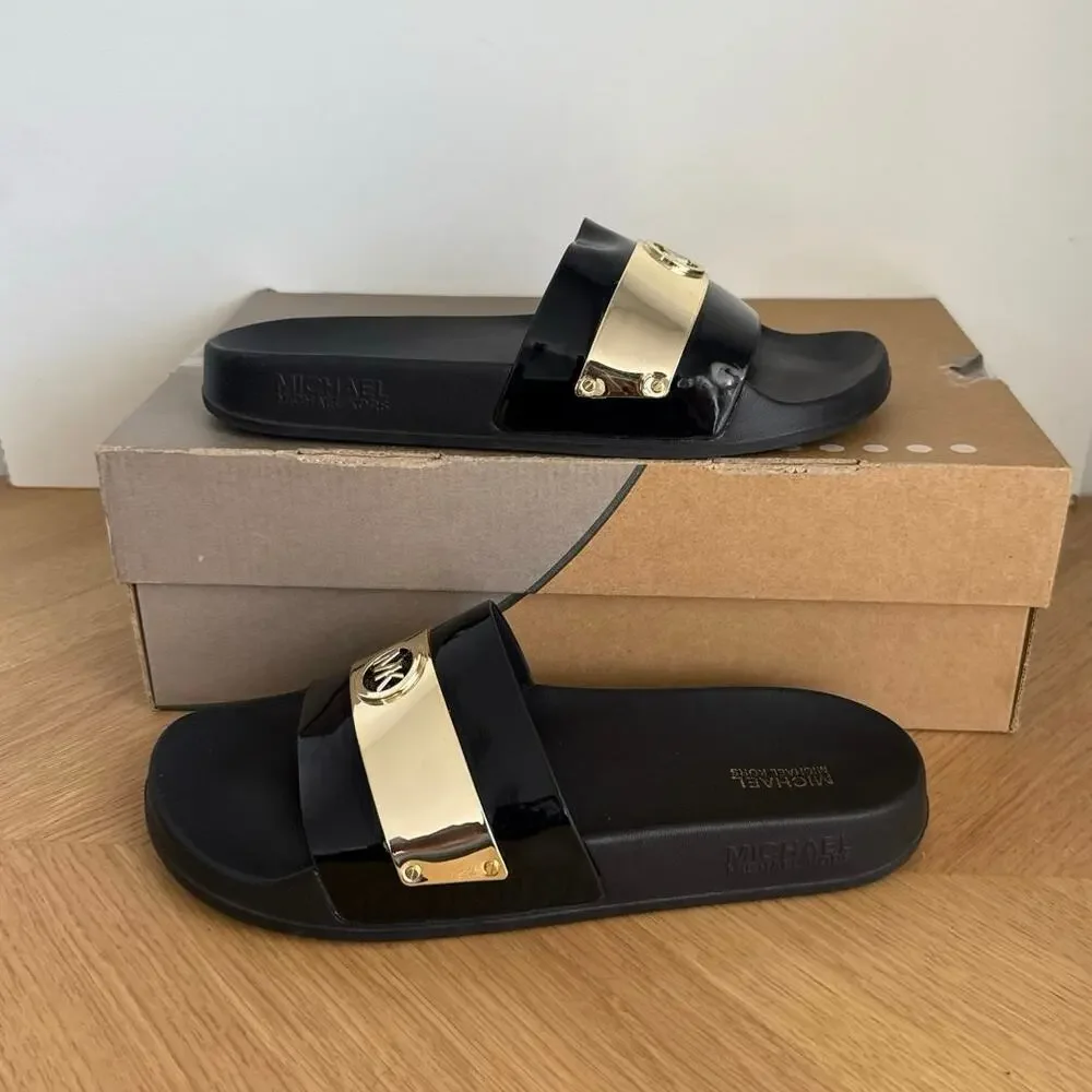Michael Kors Jett Black/Gold Women Slide Sandals- SZ 8
